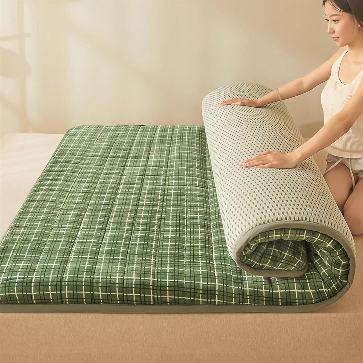 Japanse Vloermat - Oprolbare Futon - Comfortabel Slapen - Ademend Katoen - 100x200cm - Groen