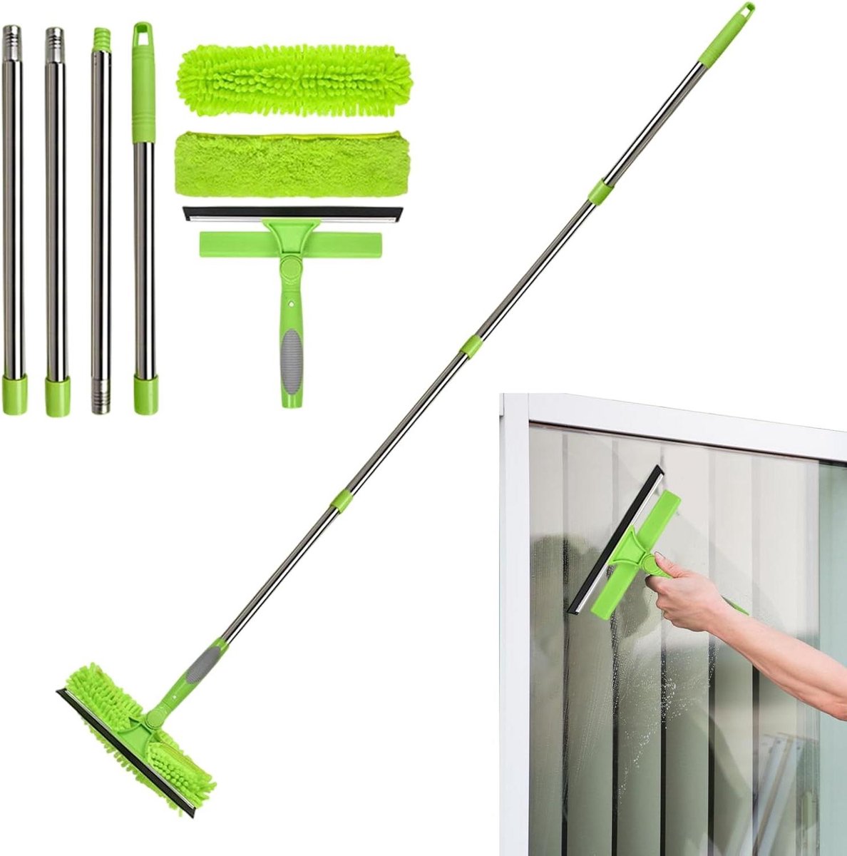 Raamwisser Set - Raamtrekker Schoonmaak - Ramen Zemen - Telescopische Verlengstang - 180 cm - Groen