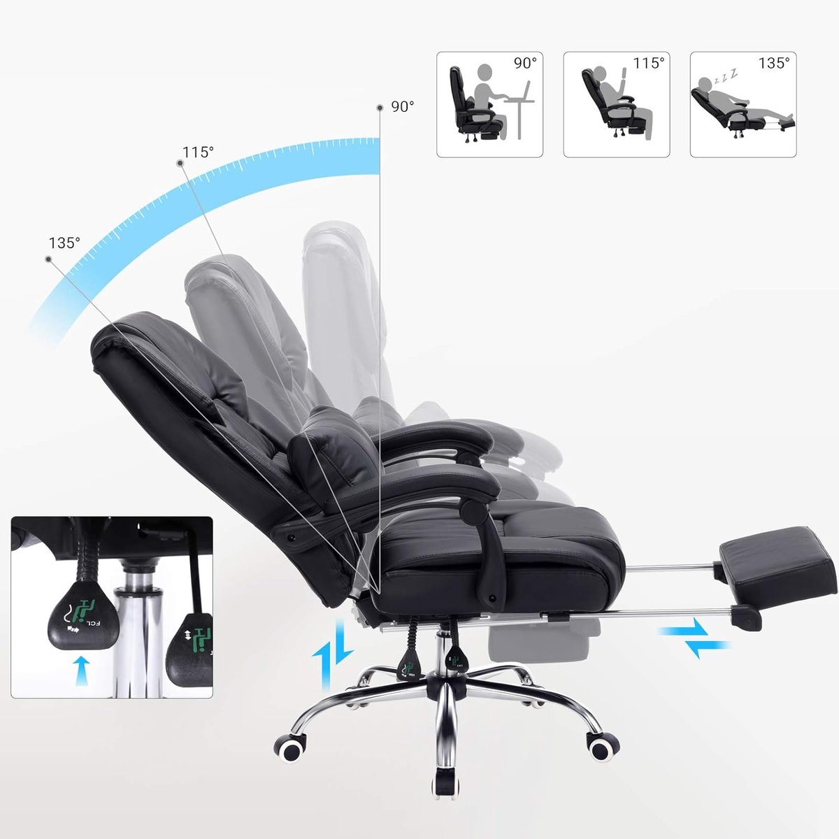 Bureaustoel ergonomisch met voetsteun – House&Garden Directiestoel draaibaar 360° verstelbaar met ligfunctie & lendensteun – Luxe gaming stoel / kantoorstoel zwart PU kunstleer tot 150 kg – ergonomische bureaustoel met hoge rugleuning en wielen
