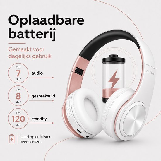 DrPhone BH1 - Draadloze Bluetooth Koptelefoon - FM Radio, Micro SD en AUX - On-Ear Headset met Microfoon - Wit/Rose