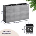 Grijze polyrattan plantenbak van casaria, 95x27x60cm, met 4 uitneembare binnenbakken van 15x20x16cm.