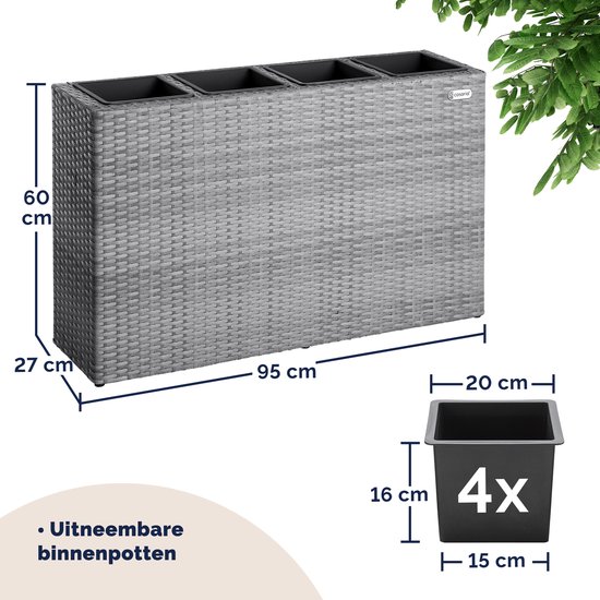 Grijze polyrattan plantenbak van casaria, 95x27x60cm, met 4 uitneembare binnenbakken van 15x20x16cm.