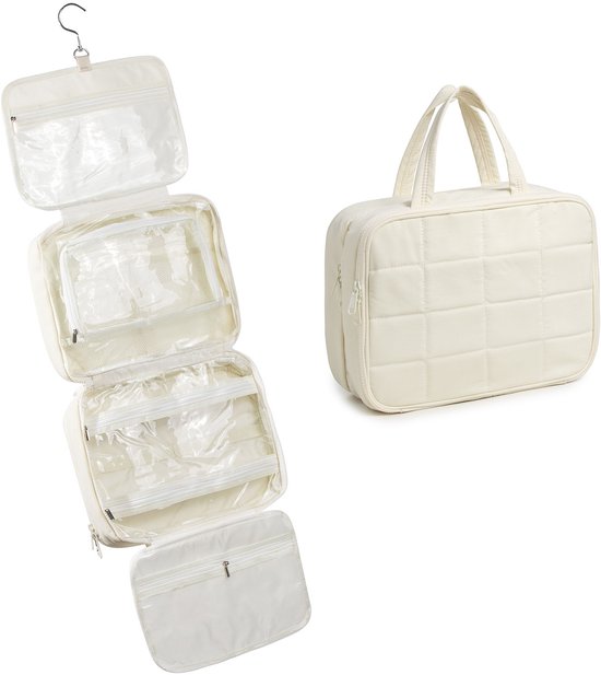 Off-white toilettas met gewatteerd patroon en een uitklapbare hangende organizer met transparante vakken.