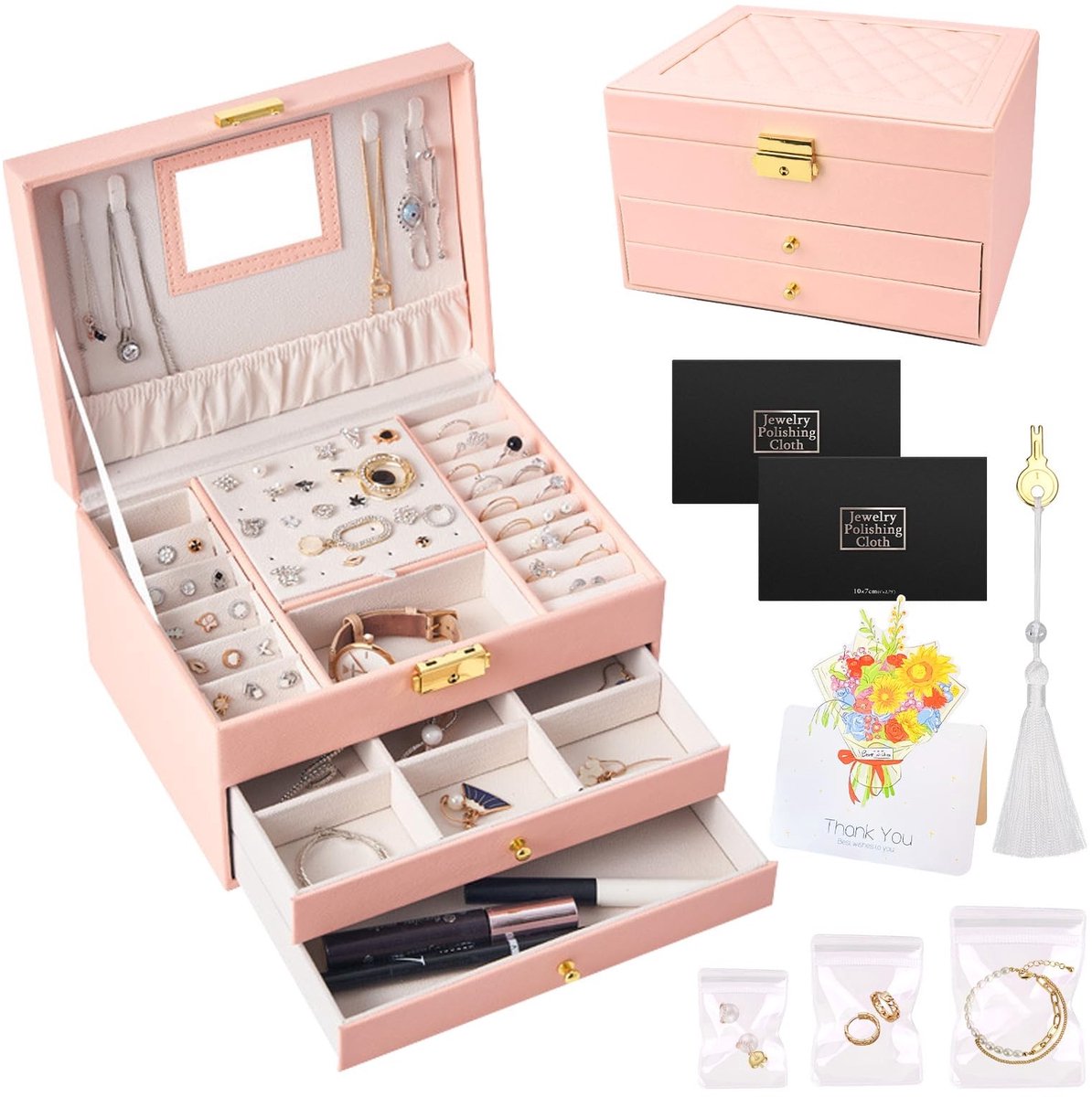 Dailygoods- Sieradenbox Grote Capaciteit - 3 Laags - 2 Lades - Opbergdoos voor Sieraden - Compartimenten voor Ringen/Earrings/Armbanden - Inclusief 1 Kwast en 3 Schoonmaakdoekjes - Sieradenkoffer