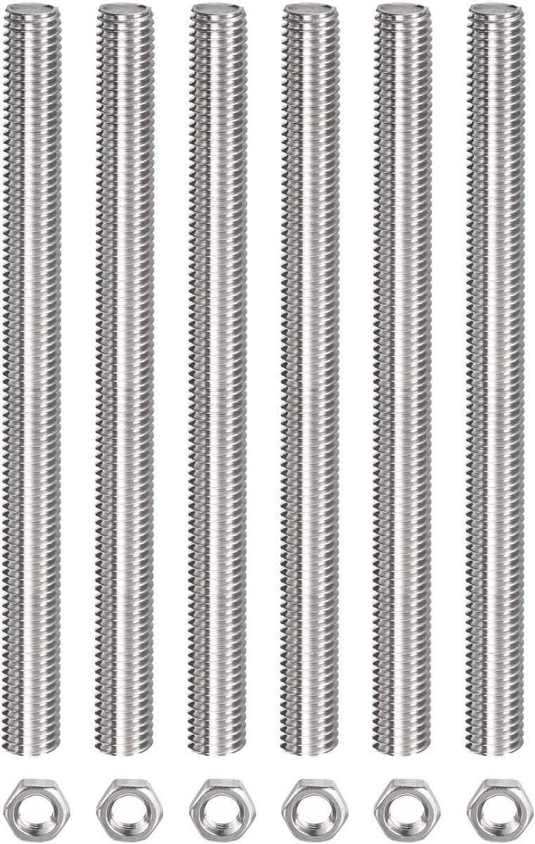 Dailygoods- Schroefdraadstang Compleet - M10 x 300 mm - 6 Zeskantmoeren - Roestvrij Staal - Duurzaam - Corrosiebestendig - Schroefset