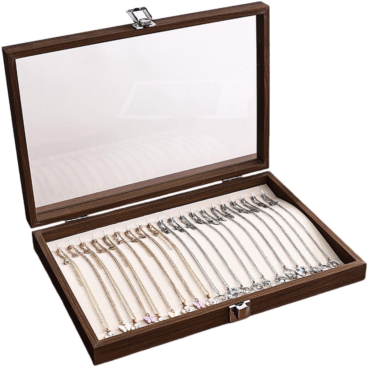 Dailygoods- Sieradenbox met 20 Haken - Juwelenkistje - Organiser voor Kettingen - Vergrendelbare Houder - Walnootkleur - Hoogwaardige Houten Constructie - Juwelendoos