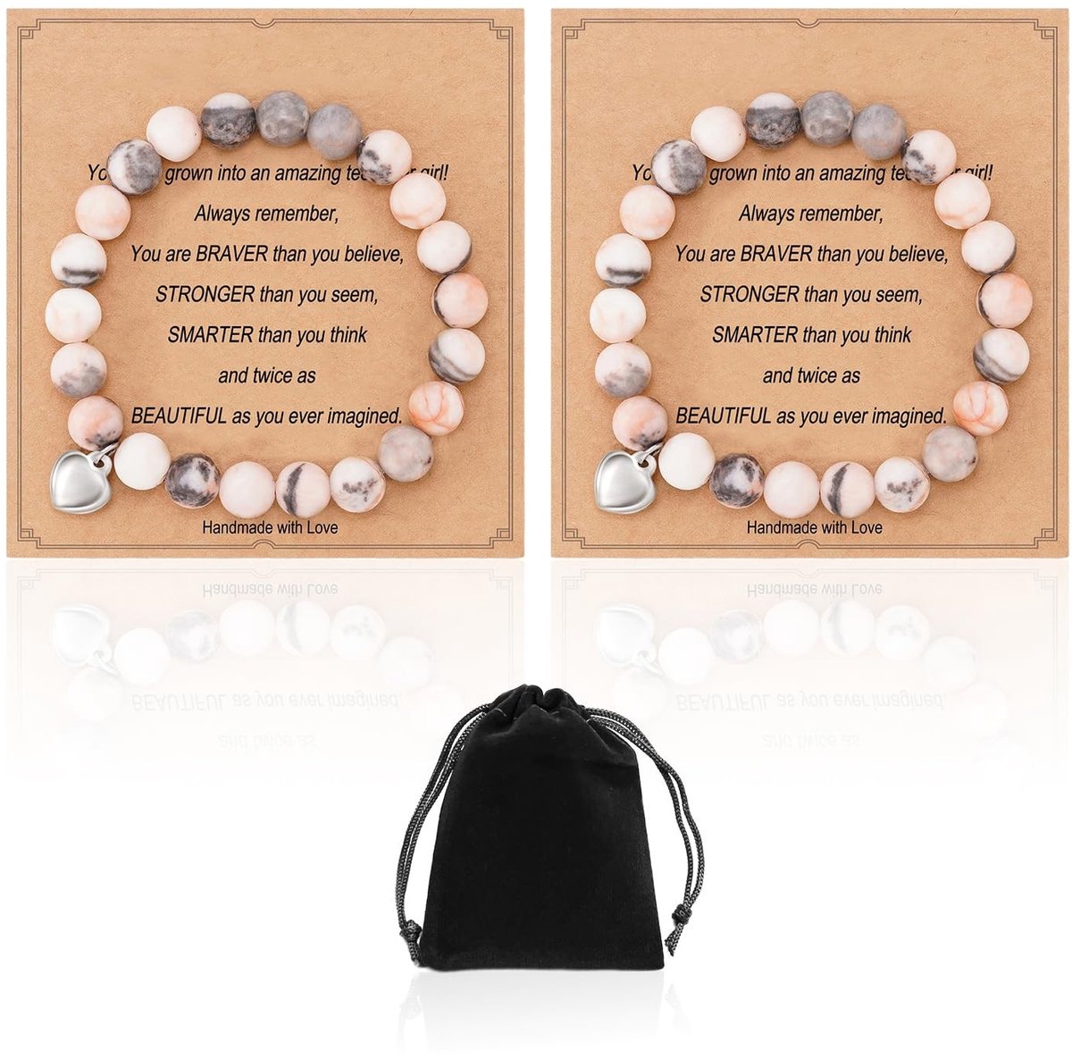 Dailygoods- Natuurstenen Armband 2 Stuks - Roze Kleur - Opbergtas - Handgemaakt - Uniek Patroon - Geschikt voor Tieners - Sieraad