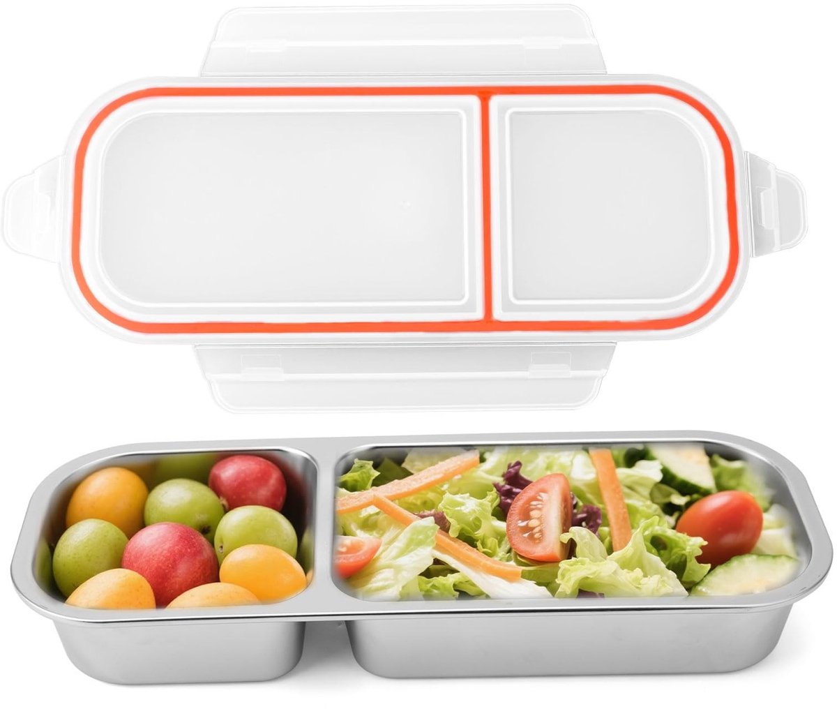 Dailygoods- Snackbakjes Roestvrij Staal - Herbruikbare Voedselcontainer - Dubbel Compartiment - Lekvrij Deksel - 26,5 x 10 cm - Voor Kinderen/Volwassenen