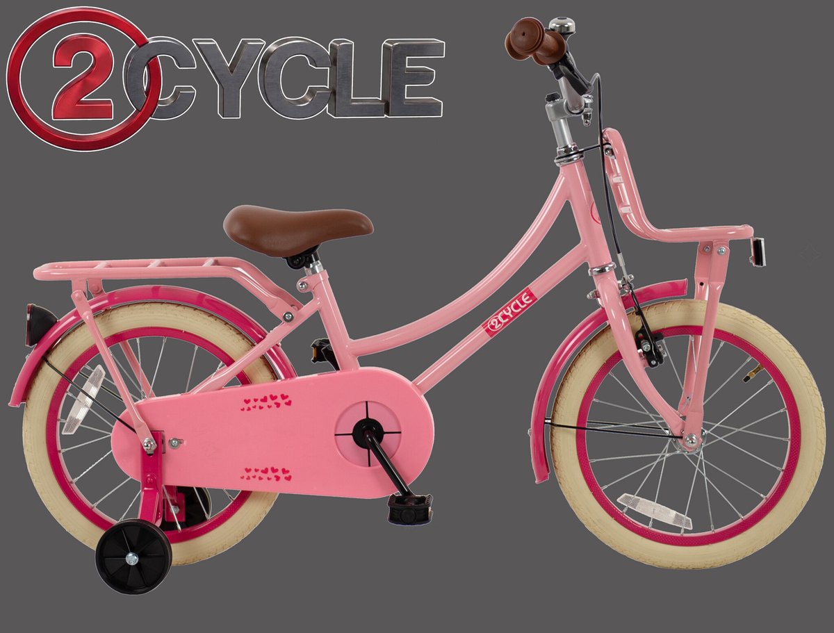 2Cycle Transportfiets 16 inch (4-6 jaar) Meisjesfiets Roze – Met Zijwieltjes en Voordrager