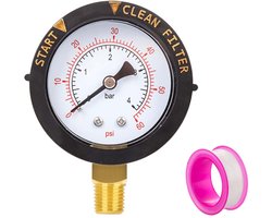 Dailygoods- Drukmeter 0-60psi - Manometer - Schroefdraadafdichtingstape - Onderste Montage - 8,30cm x 6,60cm x 3,10cm - Geschikt voor Zwembadpomp - Waterdrukmeter