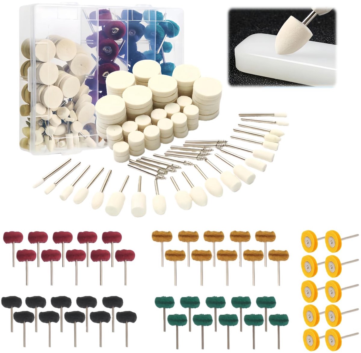 Dailygoods- Polijstschijf Set 150 Stuks - Multifunctionele Wolvilt Polijstbits - Polijstmiddel - Polijstschijven 35x25mm - Polijstkoppen - Opbergdoos - Polijstset