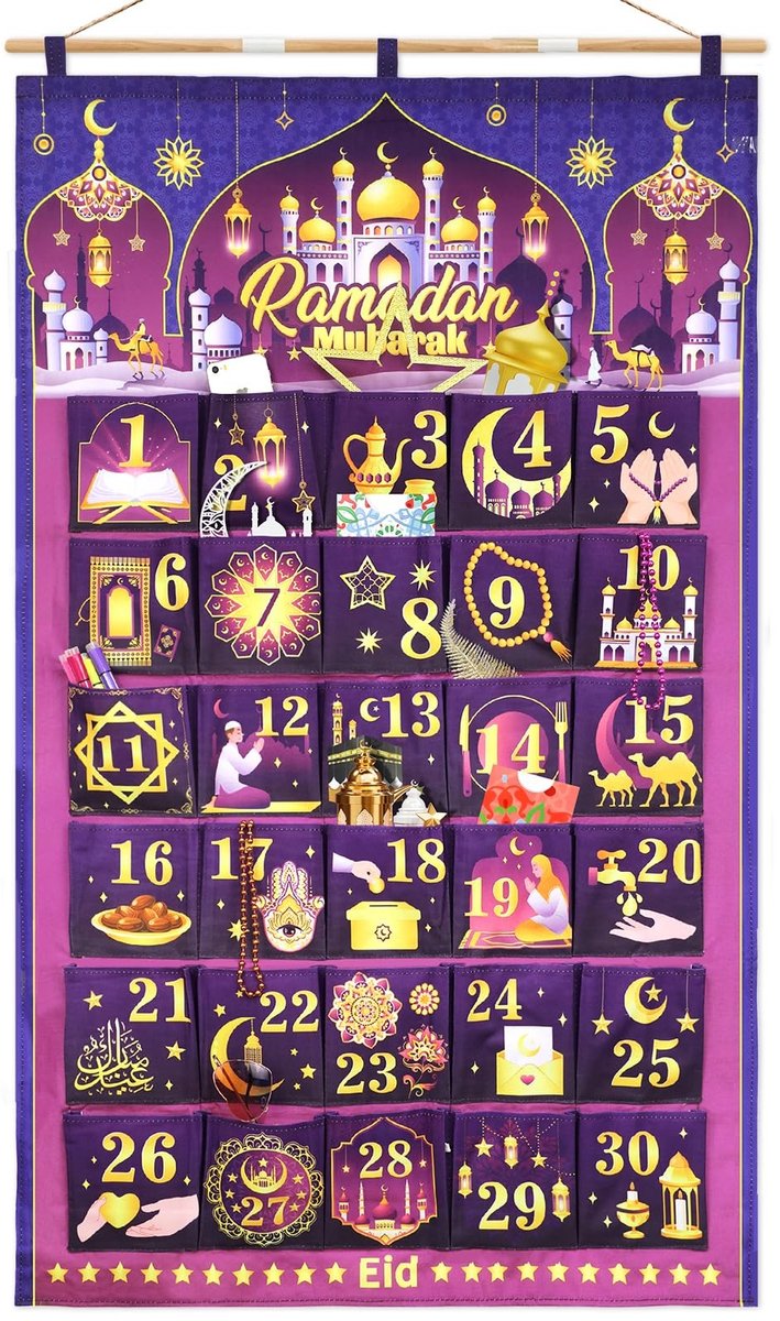 Dailygoods- Ramadan-kalender 30 stoffen zakken - Herbruikbare Adventskalender - Hangend voor Muur - Aftelkalender voor Ramadan - Traditionele Decoratie - Persoonlijke Touch