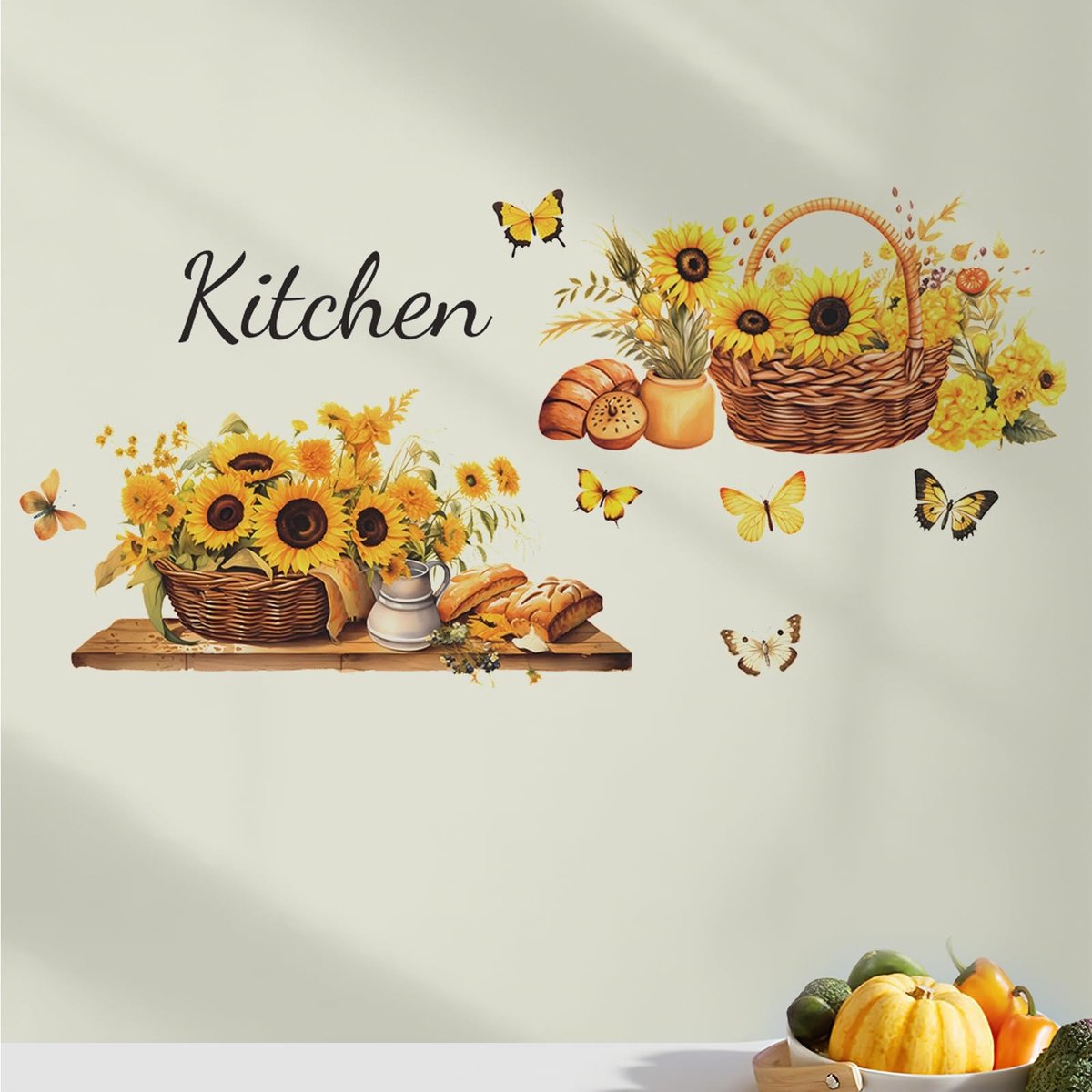 Dailygoods- Muursticker Aquarel Zonnebloem - Creatieve 3D Bloemstickers - Vlinder Stickers - Keuken/Woonkamer Decoratie - Slaapkamer/Badkamer Wanddecoratie