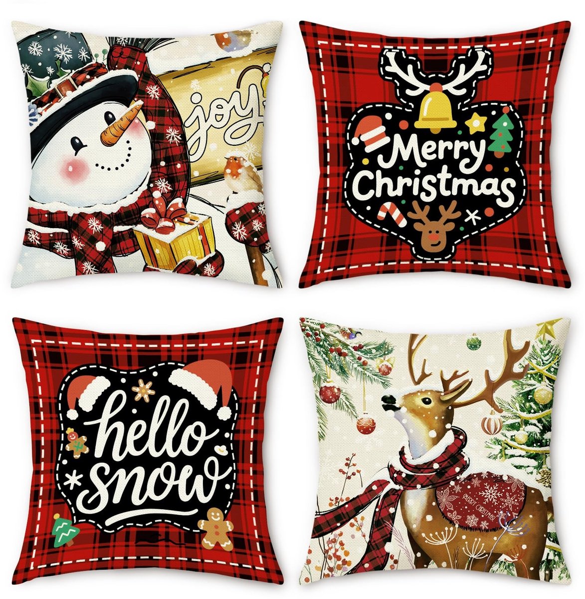 Dailygoods- Kussenslopen Set van 4 - Kerst Kussenslopen - Gepatrooneerd Schotse Ruit - Sneeuwpoppen/Rendieren - Hoogwaardige Poly-Linnenmix - Ademend en Kreukvrij - Kussenhoezen