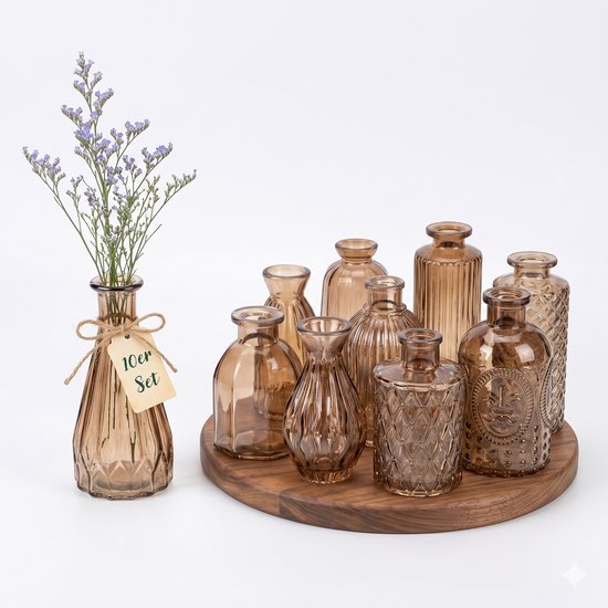 Mini vaasjes - set van 10 - h: 10-14,7 cm hoog - glas - bruin
