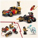 LEGO Ninjago combivoertuigen: rode buggy, zwarte motor en twee ninja figuren.