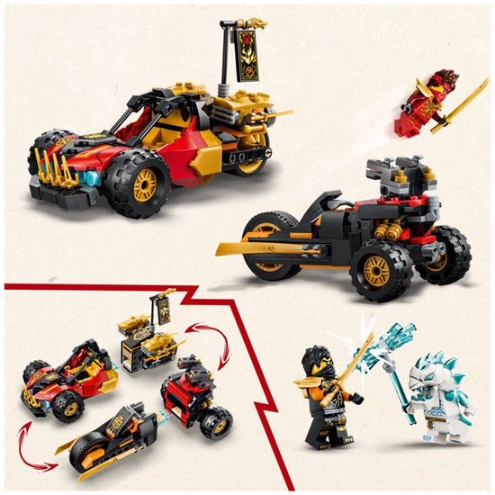 LEGO Ninjago combivoertuigen: rode buggy, zwarte motor en twee ninja figuren.