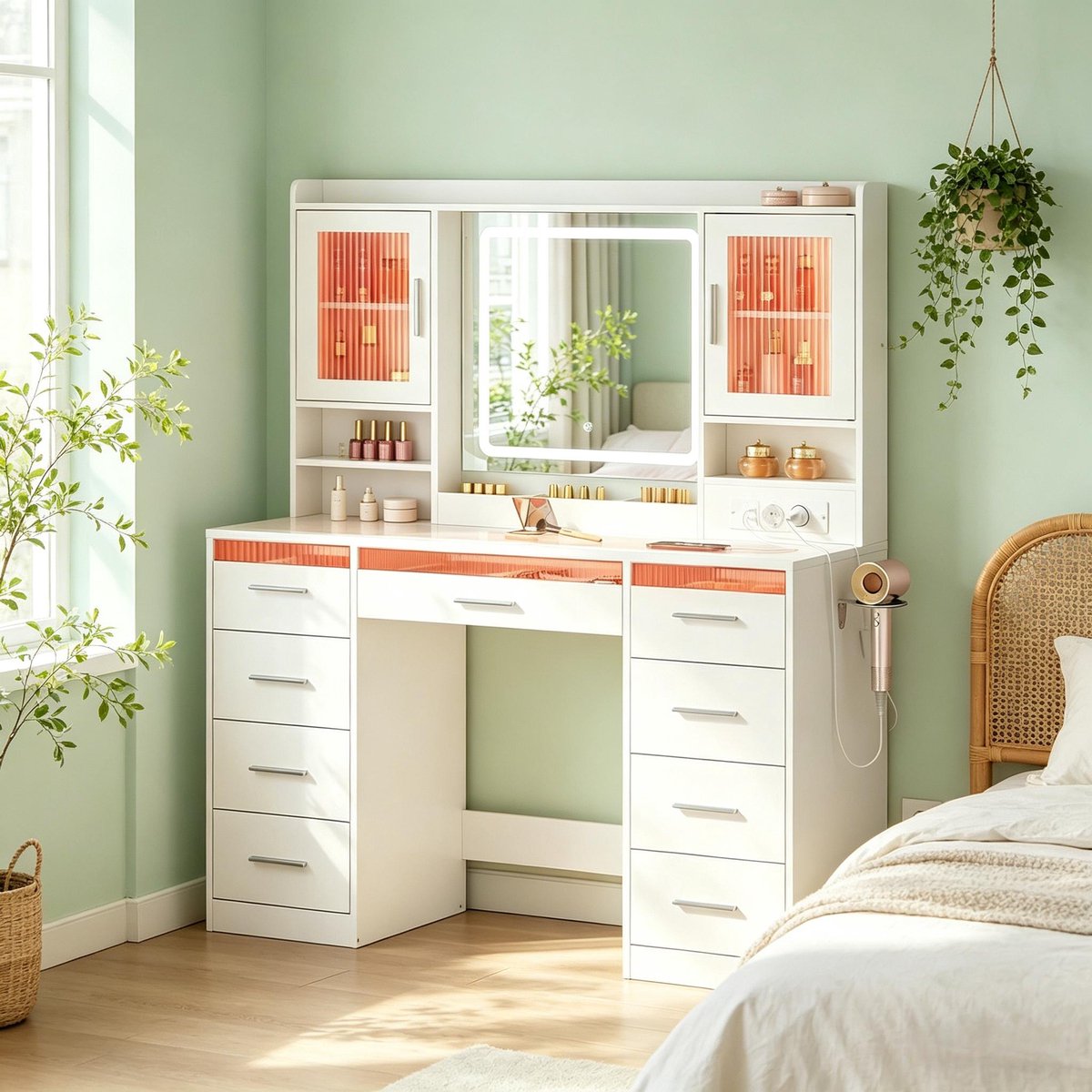 MODFU Kaptafel Met Spiegel En Ledverlichting - Met Opbergruimte - Modern - Hout En Glas - Wit - 110 X 40 X 140 Cm