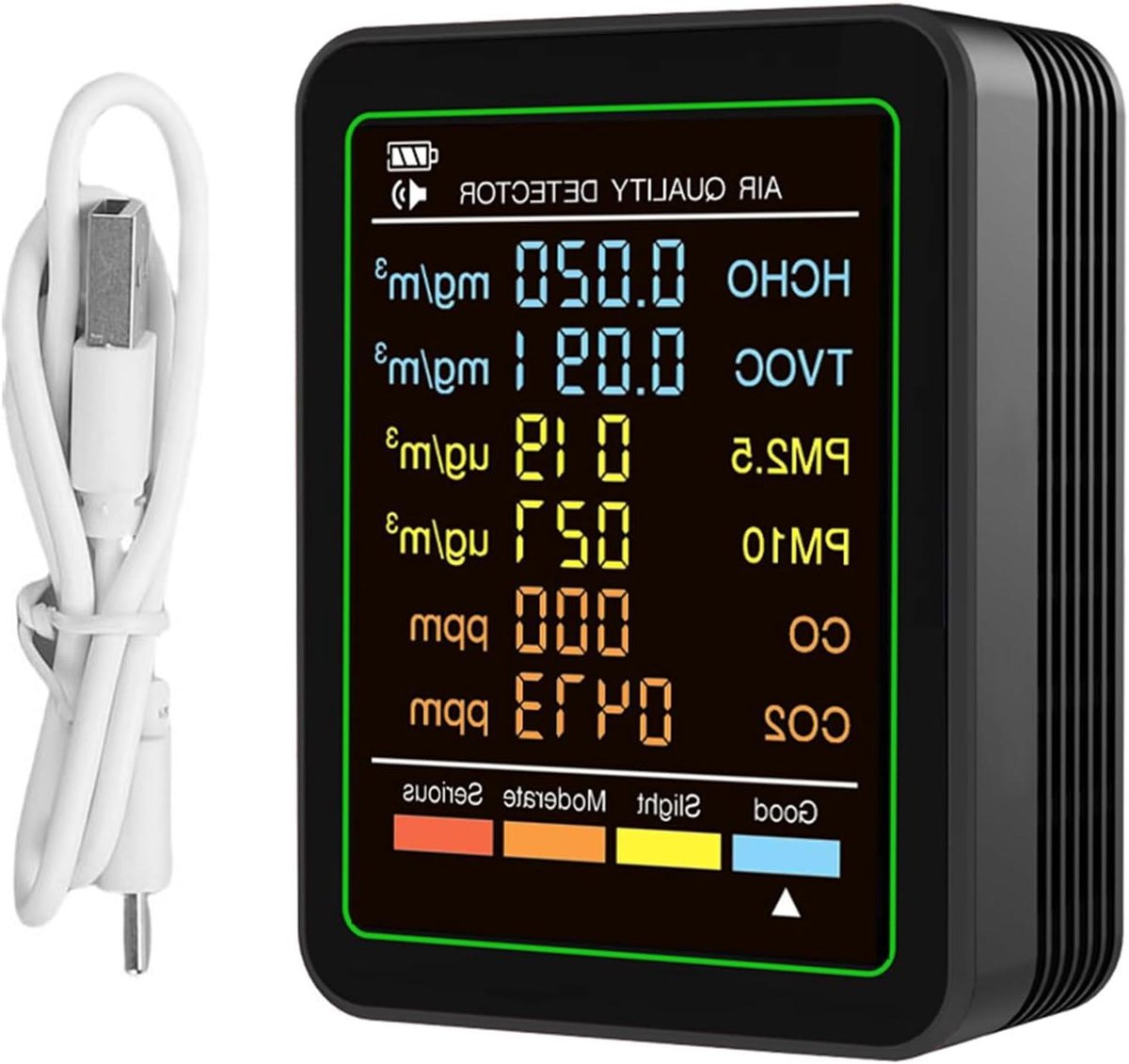 Luchtkwaliteitsmonitor - CO2-detector TVOC-meter - Gezond Ademen - 6-in-1 Meting - 14 x 10 x 5 cm - Zwart