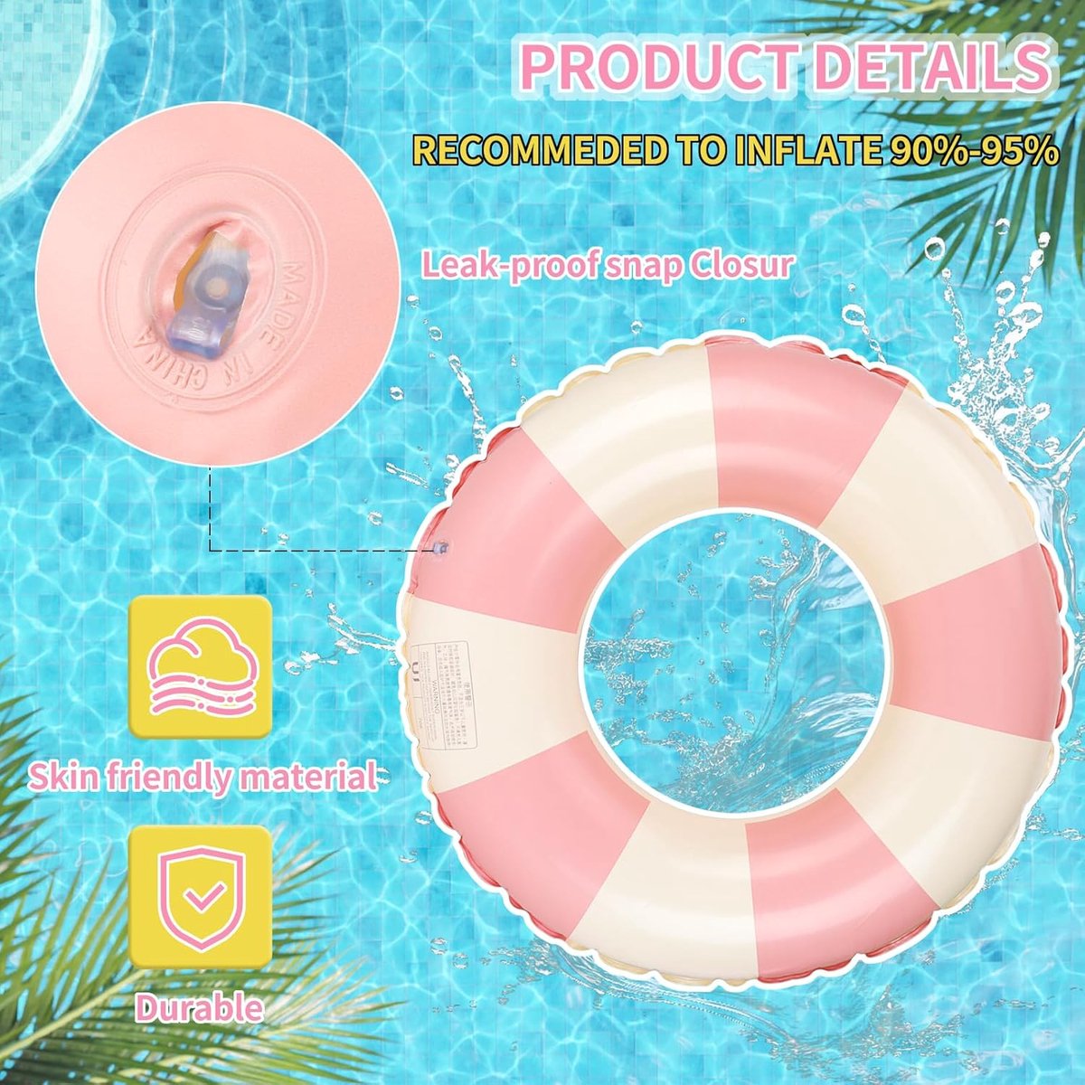 Zwemring 60 cm met Roze-Wit Gestreept Design – Extra Dik en Lekkagebestendig, Geschikt voor Kinderen – foto 2