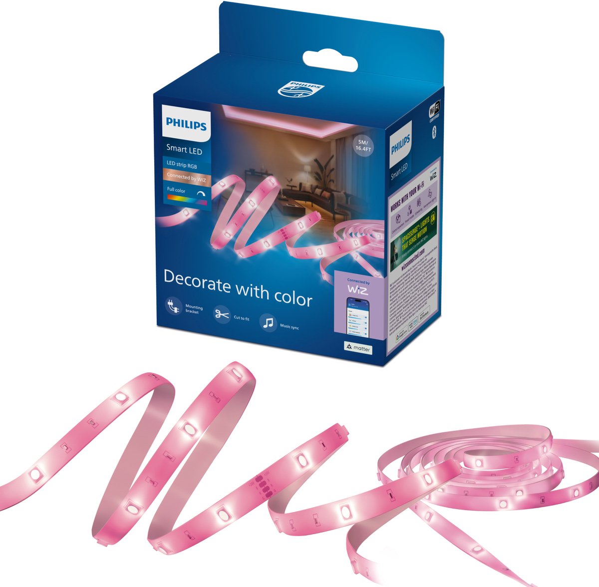 Philips Smart Lighting - LED strip - Lengte: 5m - RGB - Gekleurd en instelbaar wit licht - Muzieksynchronisatie - Werkt met de WiZ app - Wifi