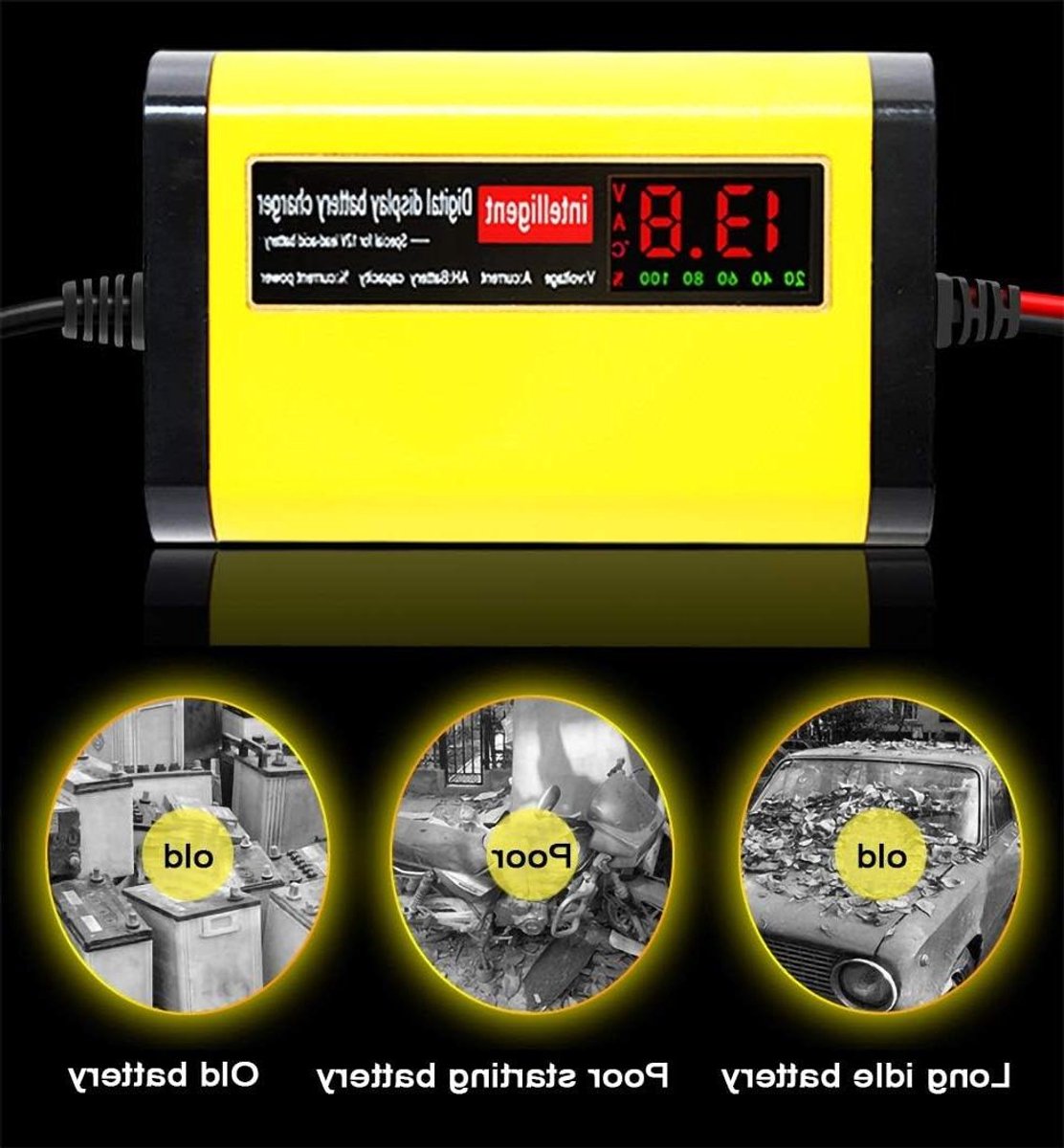 Auto Batterij Lader - Oplader 12V - Voertuigen Opladen - Intelligente 3 Stadia - 2A - Geel