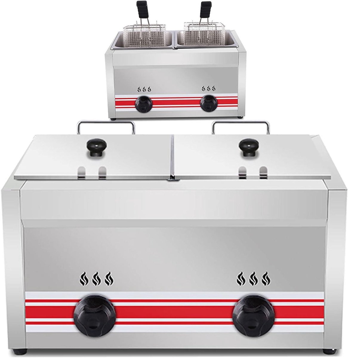 Grote capaciteit gasfriteuse voor restaurant en thuiskeuken 30L dubbele tank friteuse met roestvrijstalen mand multifunctioneel en dubbele cilinder