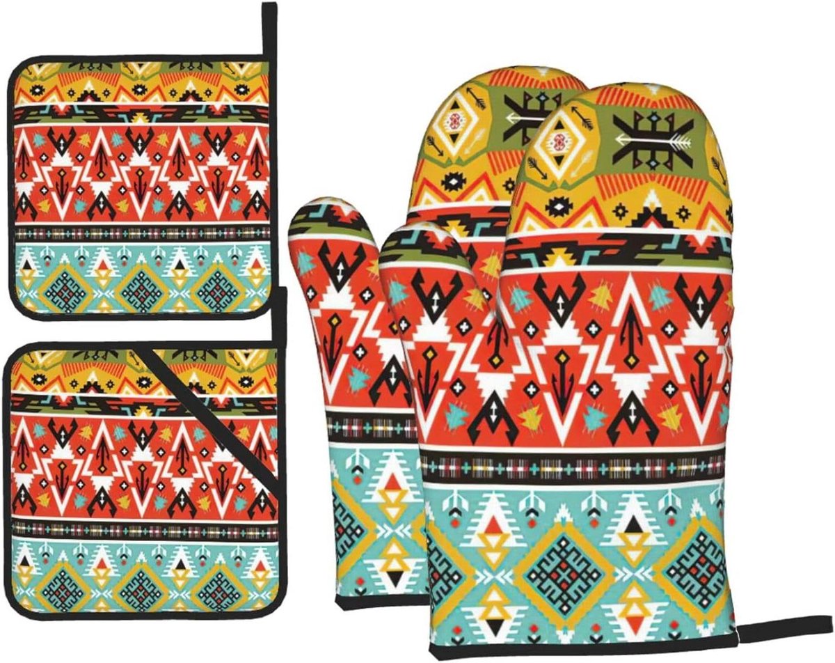Ovenwanten Set - Keuken Sets - Hittebescherming Keuken - Bohemian Veerprint - 4 Delig - Zwart