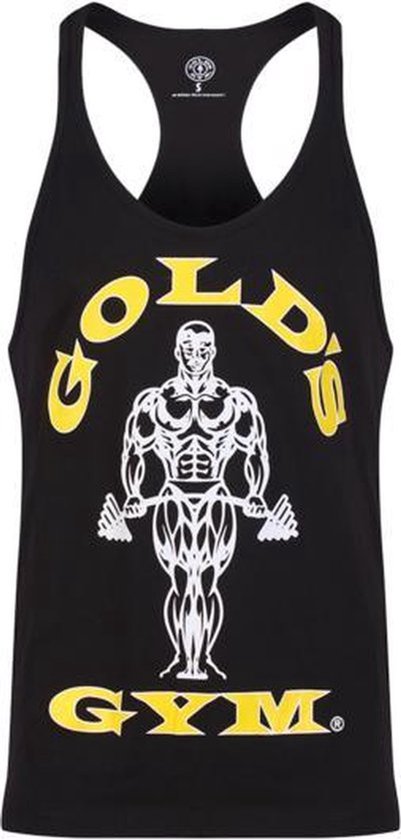 Débardeur noir Gold's Gym à col rond avec impression jaune d'une silhouette musclée tenant des haltères.