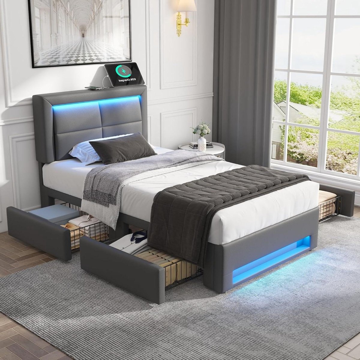 Gestoffeerd Bed - Slaapmeubel - Ontspannen Slapen - Met Laadfunctie - 90x200 cm - Grijs