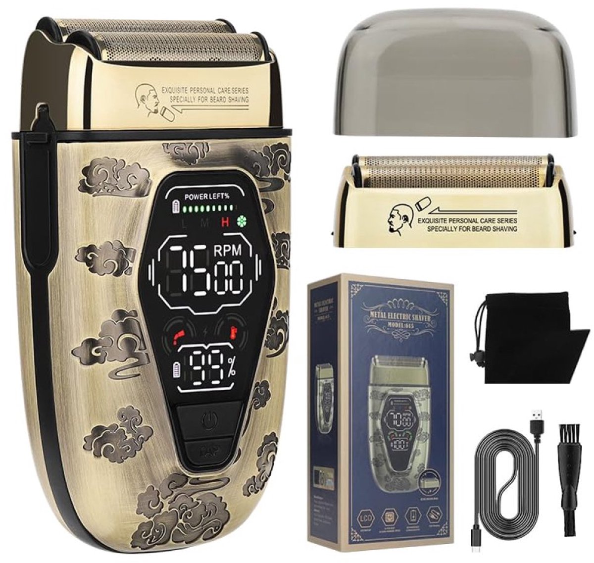 carmdering - Scheerapparaat - Elektrisch Scheerapparaat - Tondeuse - 2-in-1, goud-titanium motor, 7500 RPM, 3 snelheden - Zwevend dubbel mes, IPX7 waterdicht, nat en droog - LCD display, compact en draagbaar - Voor thuis en reis