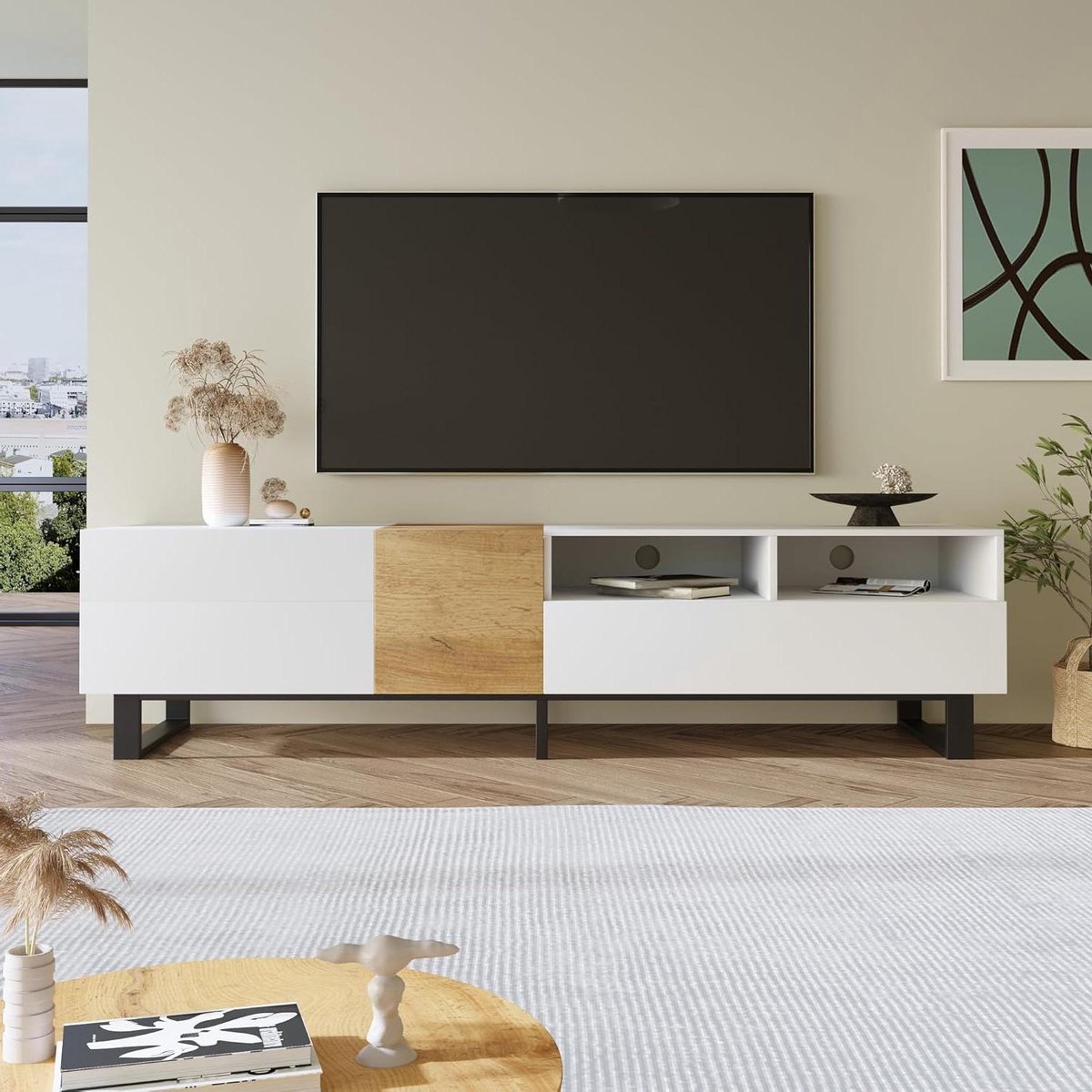 Moderne tv-kast - Tv meubel - Woonkamer inrichten - Veelzijdige opbergruimte - 180 cm lang - Wit houtkleur