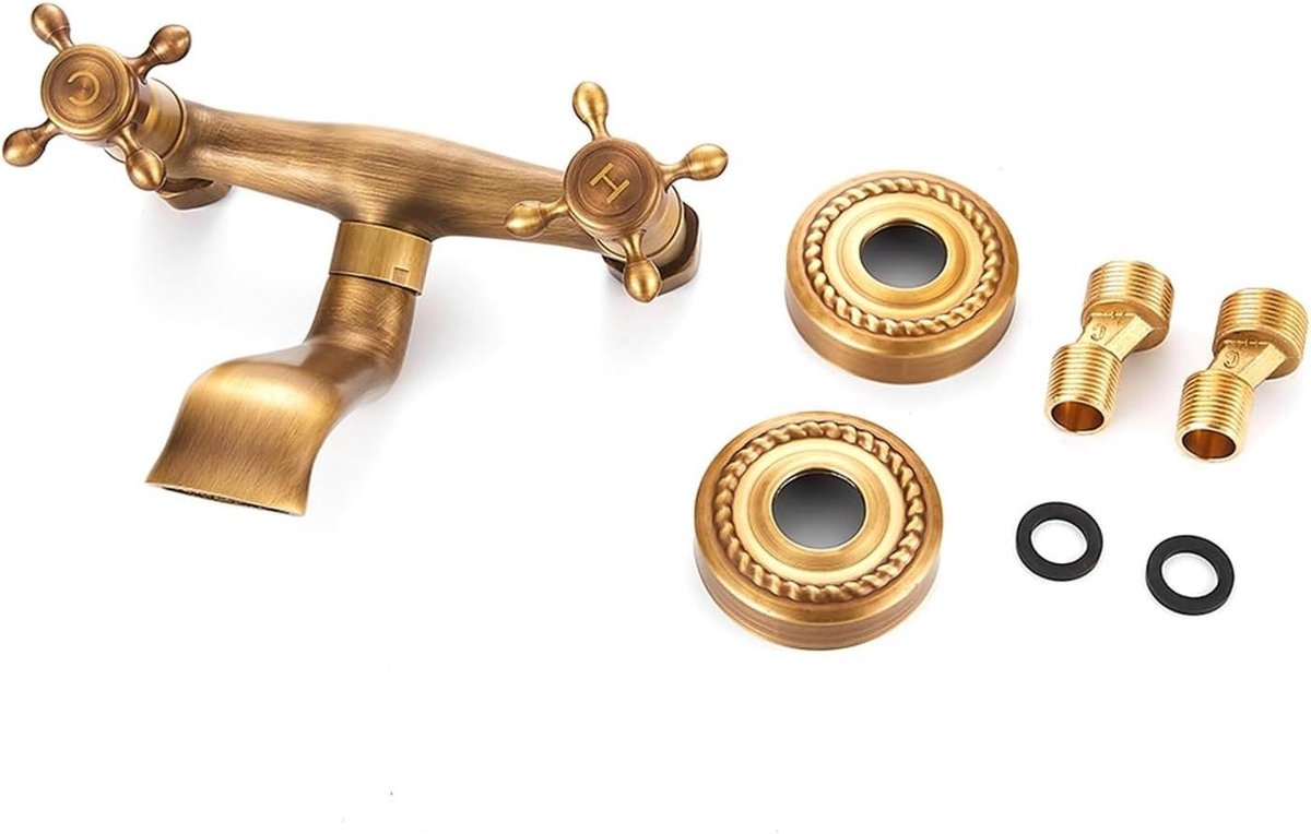Keukenkraan Wandmodel - Dubbele Hendel - Warm Koud Water - Volledig Koper - 15 cm Gatenafs