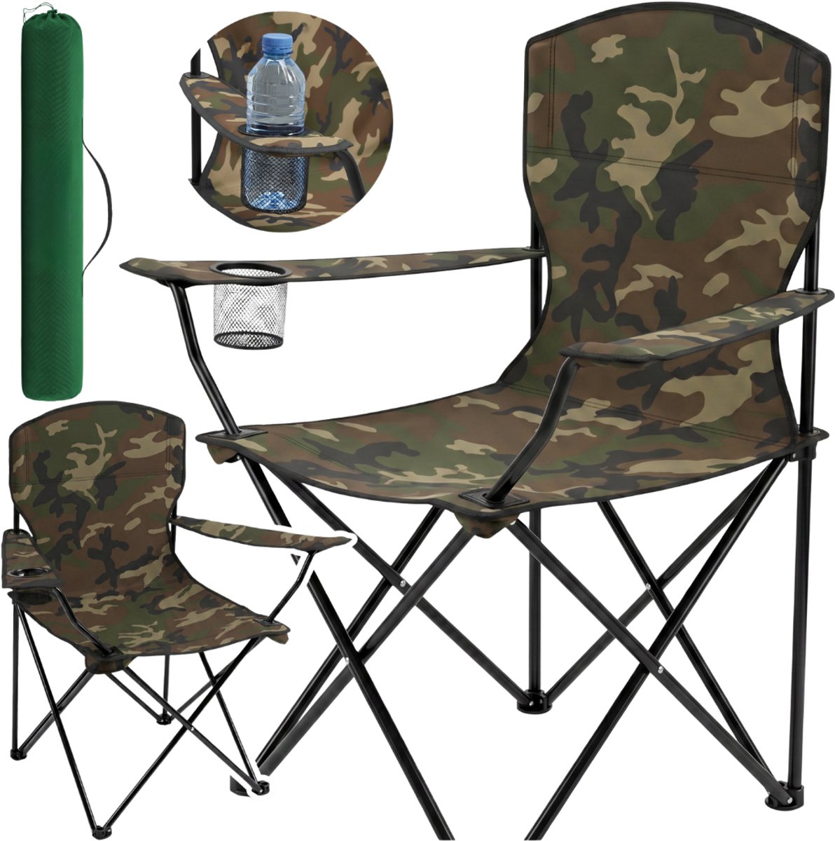 MOZY® - Inklapbare Campingstoel - Legerprint - tot 120 kg - met Armleuningen en Bekerhouder - in Draagtas - Antislip - Campingstoel - Visstoel - Vissen - Vissersstoeltje
