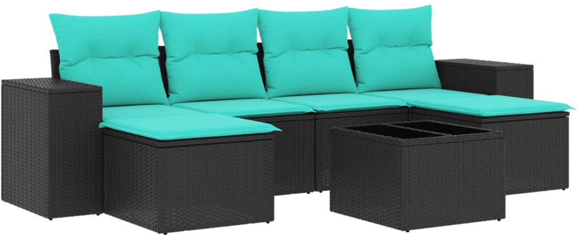 vidaXL - 7-delige - tuinbankset - met - kussens - van - zwart - polyrotan