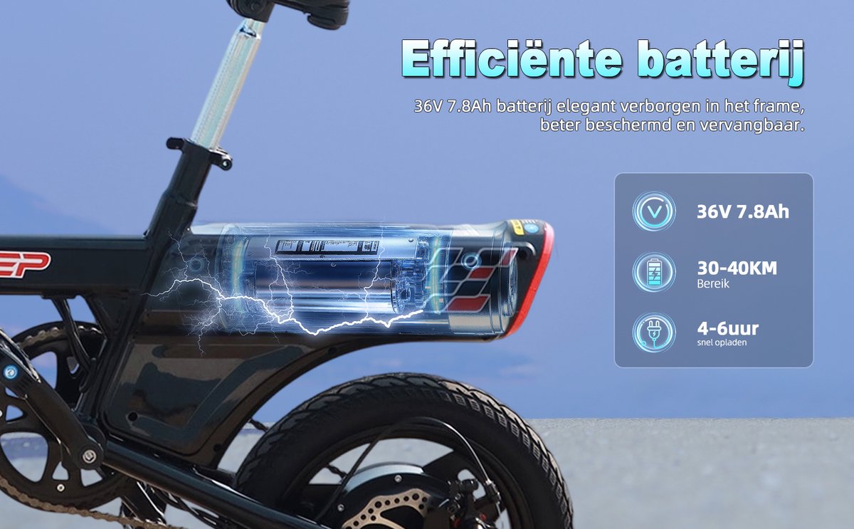 YEE GOO Elektrische Fiets - 250 W Motor - 36V 7,8Ah Batterij - 30-45 km Actieradius - 14 Inch Banden - Schijfremmen voor en achter - LED-verlichting en LCD-display - Draagbare e-bike voor woon-werkverkeer in de stad - Zwart – foto 8