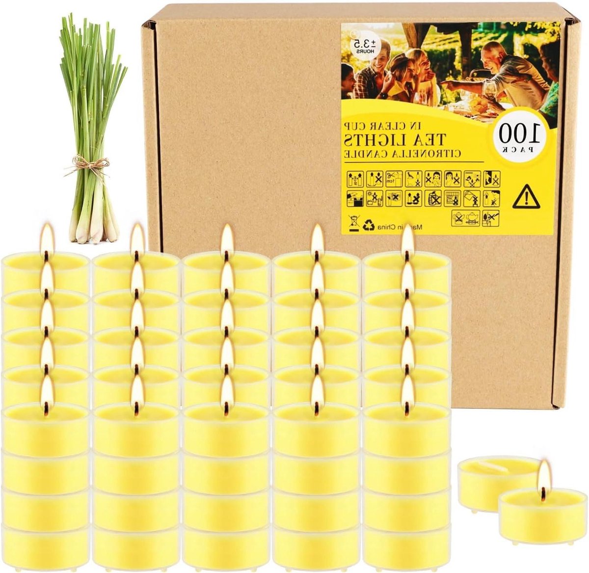 Theelichtkaarsen Geel - Kleine Kaarsen Citronella - Terras Verlichten - 4 Uur Brandtijd - 100 Stuks - Geel