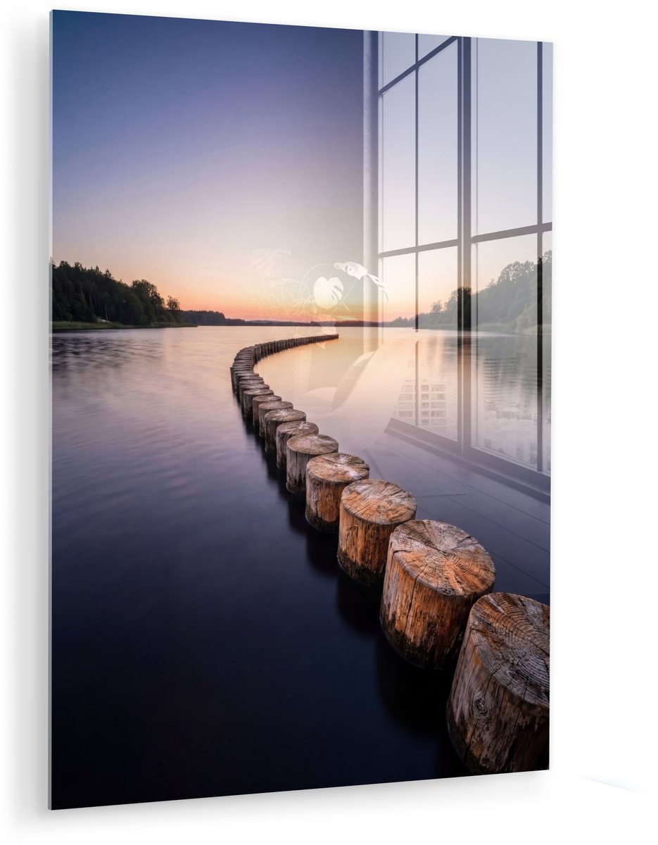 MuchoWow® Glasschilderij 120x160 cm - Schilderij acrylglas - Hout - Palen - Water - Foto o