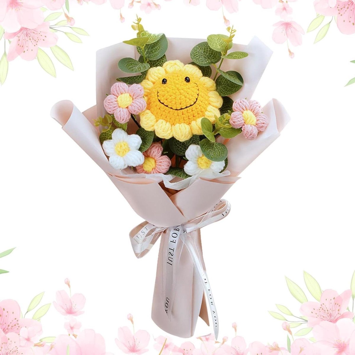 Kroesbloemen Boeket - Gebreide Bloemen - Woonkamer Decoratie - Handgemaakte Details - 36x24x36 cm - Roze