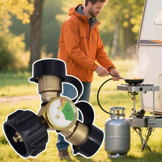 Propaan Y-Splitter,Propaan Y-Splitter Adapter Voor Gasflessen - QCC Vervangingsonderdeel Met Manometer En Afsluitventiel Accessoires Voor BBQ’s, Kachels En Verwarmers — afbeelding 2