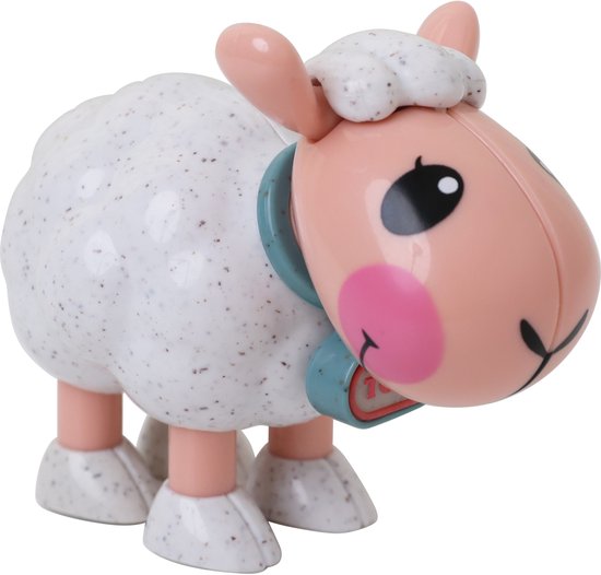 Speelgoed lammetje met een witte vacht met grijze spikkels, roze gezicht, oren en poten, en een blauwe halsband.