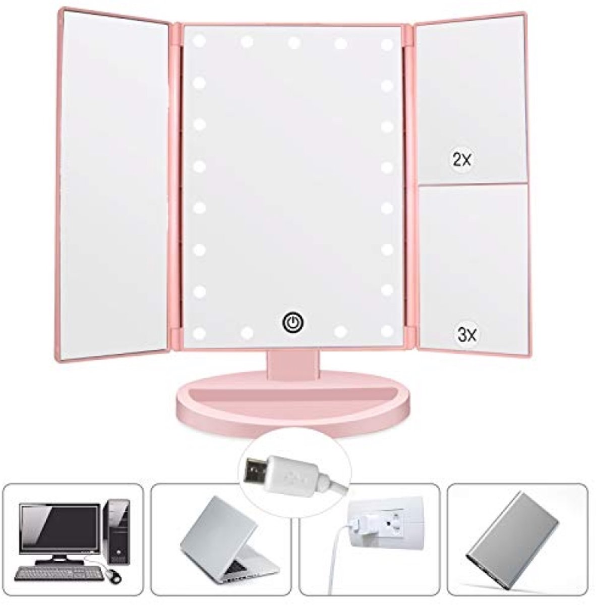 Verstelbare LED Make-upspiegel met Vergroting - Roze, Opvouwbaar, Aanraakbediening