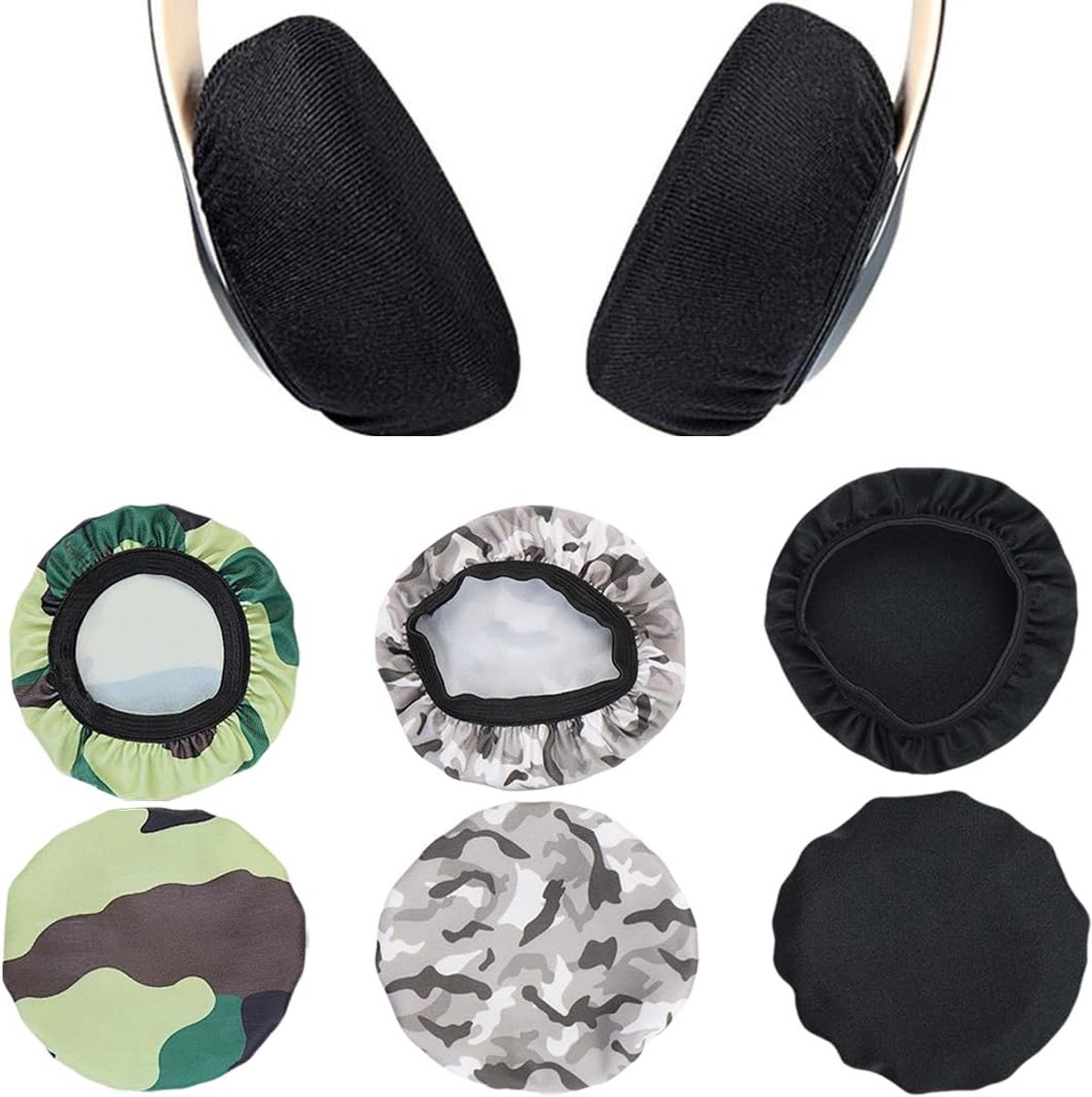Pack of 6 Wasbare Hoofdetelefoon Covers - Elastische Oorkappen voor Hoofdtelefoons - Flexibele Stof - Zweetbescherming voor de Sportschool en Gaming (Zwart+Camouflage)