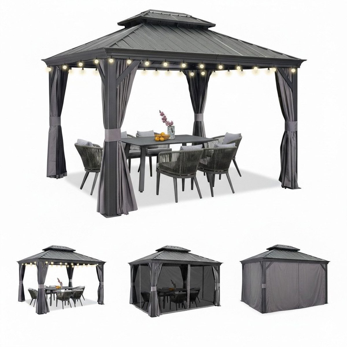 Purple Leaf Hardtop pavillon 4,25 x 3 m - gris luxe avec éclairage