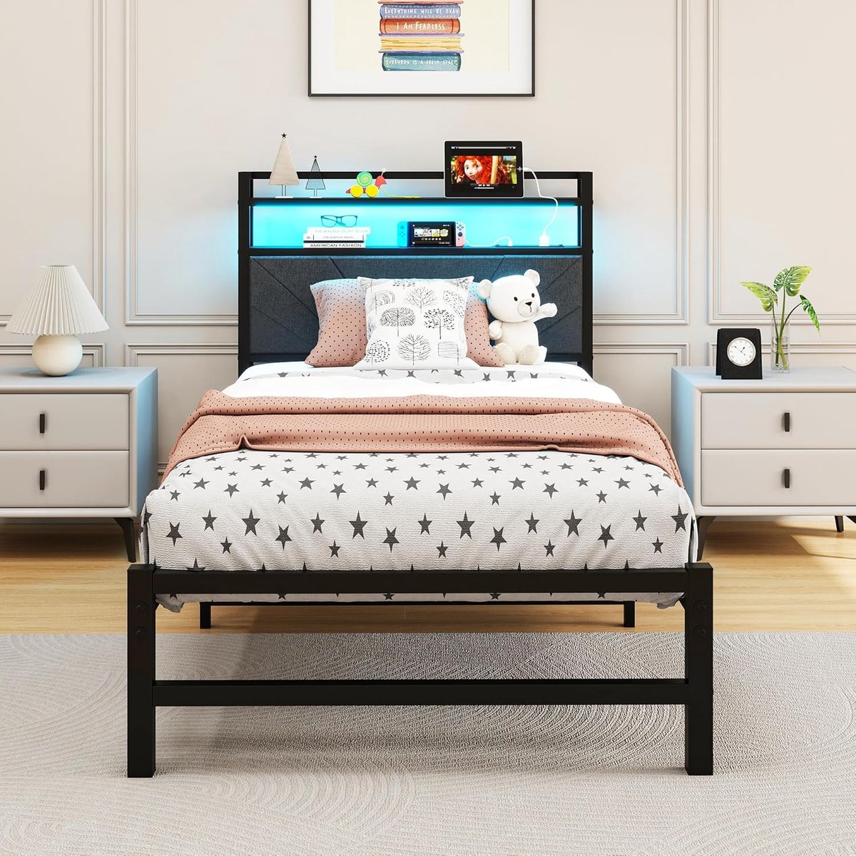 Single Bed Frames met Opberg Hoofdbord - Gestoffeerd Bed Frame - Matras Fundering - Sterke Stalen Lattenondersteuning - Onderbed Opbergruimte - Eenvoudige Montage