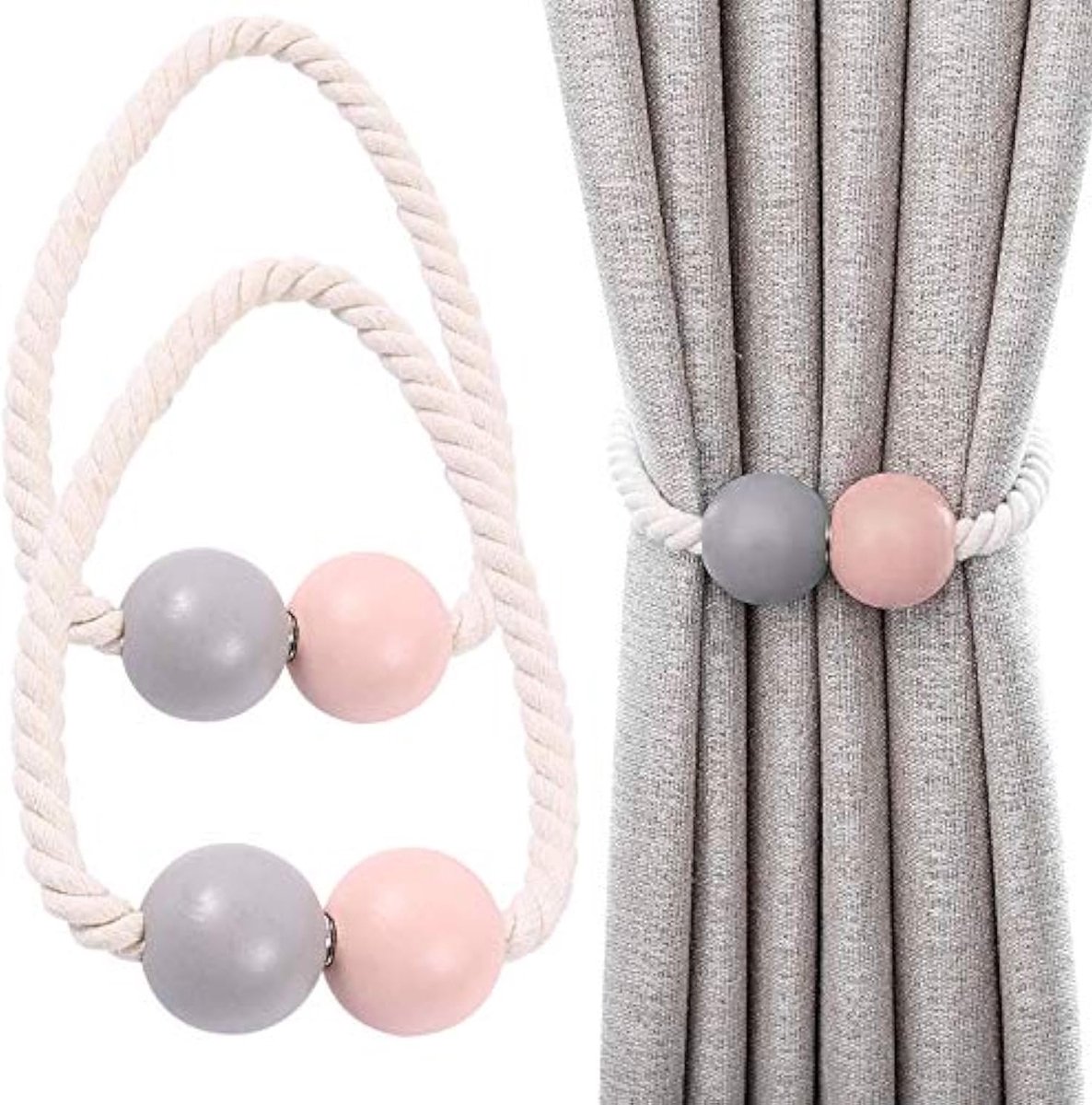 Magnetische Gordijnhouders - 2 Stuks - Houten Gordijnclips voor Thuis, Kantoor en Hotel - Decoratieve Raamaccessoires in Roze en Grijs