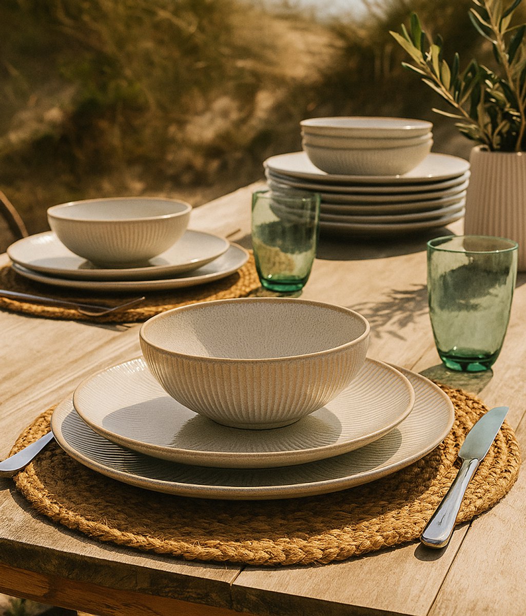 Cookinglife Serviesset Coastal Lines Ocean Beige 18-delig - Servies Set 6 Personen - Modern Design Aardewerk - Vaatwasser- & Magnetronbestendig — afbeelding 2