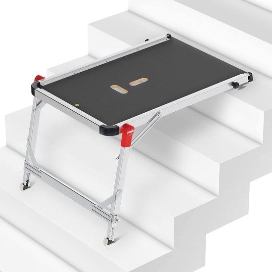 Zwarte en aluminium trapsteun met rode accenten op een witte trap.