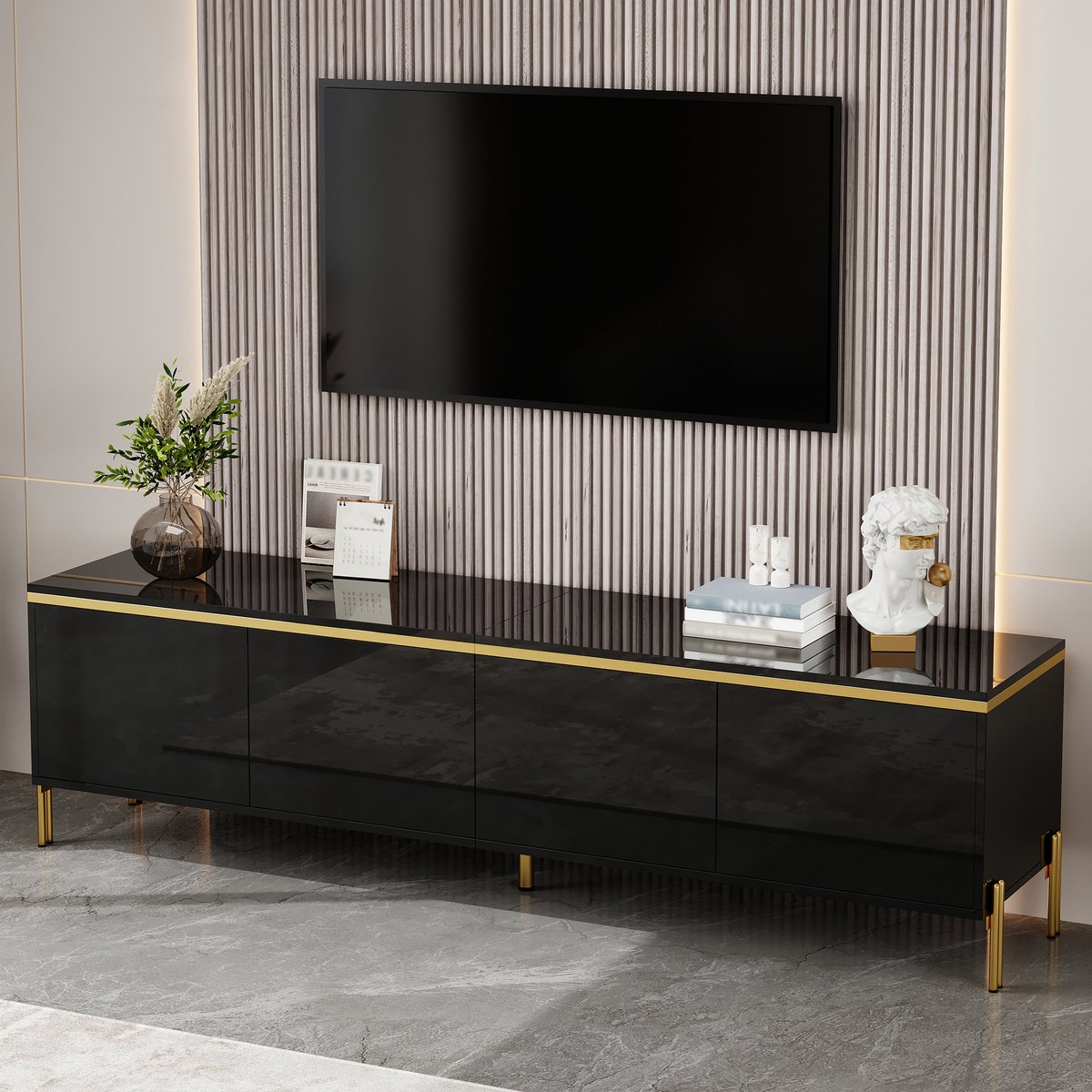 MIVRAY TV Meubel - Hoogglans Met Vier Deuren En Kabeldoorvoer - Opbergkast Voor Woonkamer - Spaanplaat - 170x38x50 Cm - Zwart
