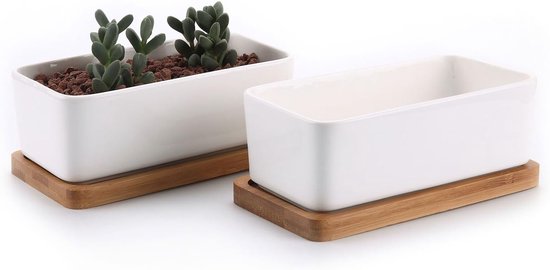 16,7CM Succulente Plantenpot Set van 2, Rechthoek Keramiek Vetplant Bloempot met Bamboe Onderzetter, Binnen Klein Cactus Pot met Afvoergat Wit voor Sappige Aloë Kruid Decoratieve Geschenk